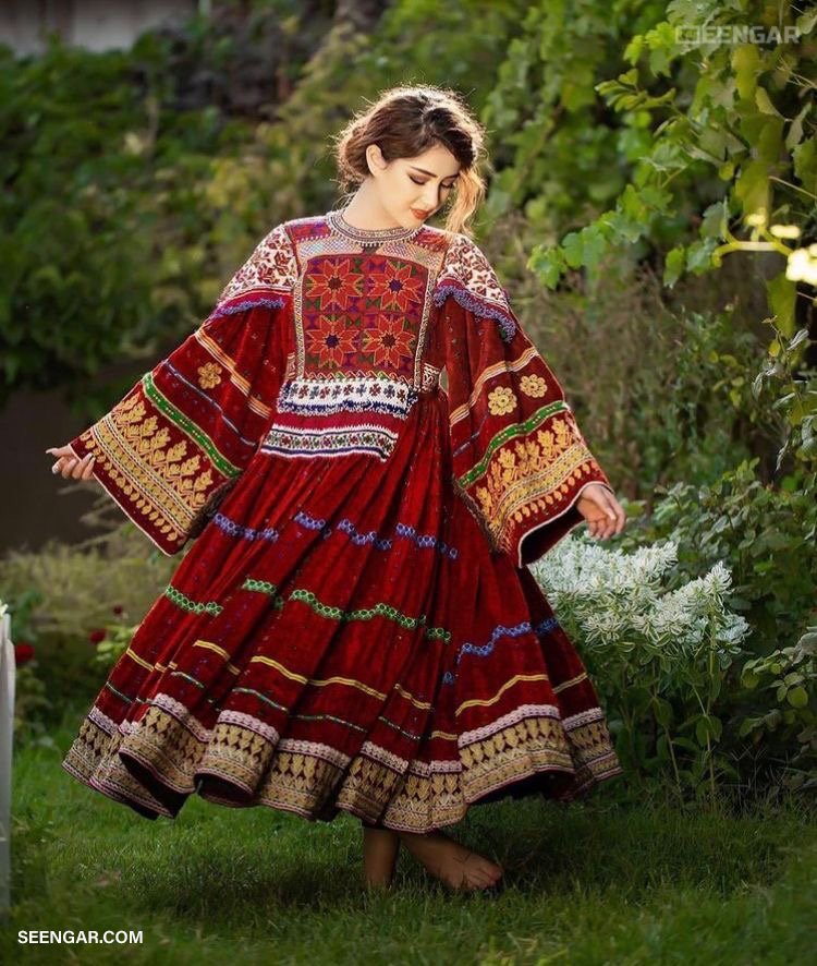 Crimson Floral Afghan Dress